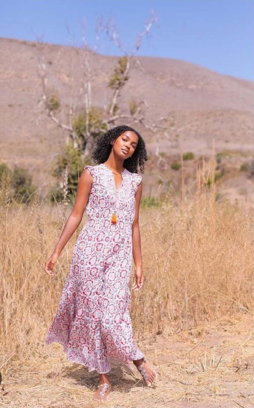BELL By Alicia Bell Red Blue Silk Cotton Floral Tiered Boho Annabelle Maxi Dress